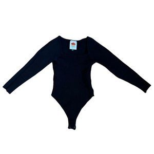 Farm Rio  Black Long Sleeve Heavy Weight  Square Neck Ribbed Bodysuit -XS